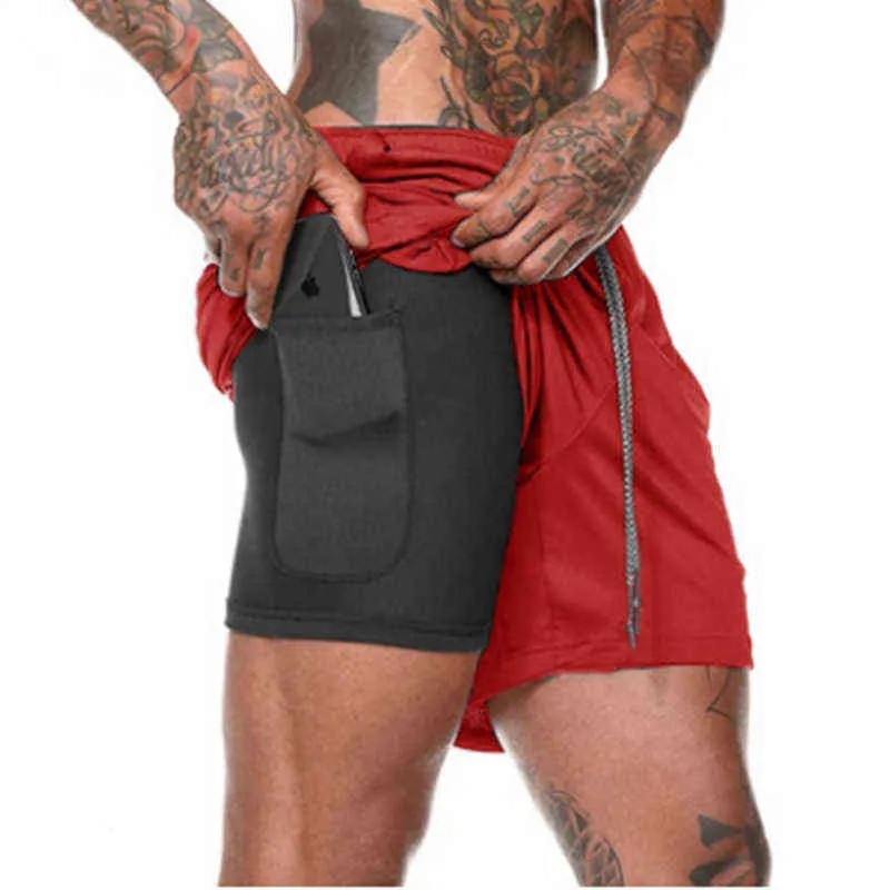 New Mens Double Layer Phone Pocket Running Shorts Gym Fitness Training Quick Dry Beach Short Man Summer Sports Workout Crossfit Y220506