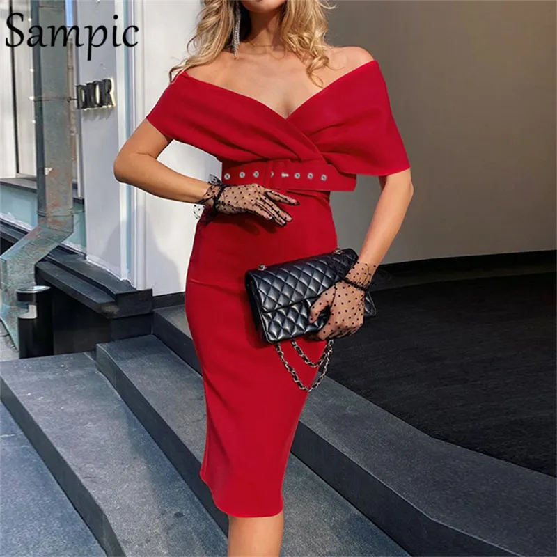 Sampic Sexy Women V Neck Off Shoulder Party Club BodyCon Midi Dress with Belt Fashion Wrap Elegant Dresses Autumn 220521