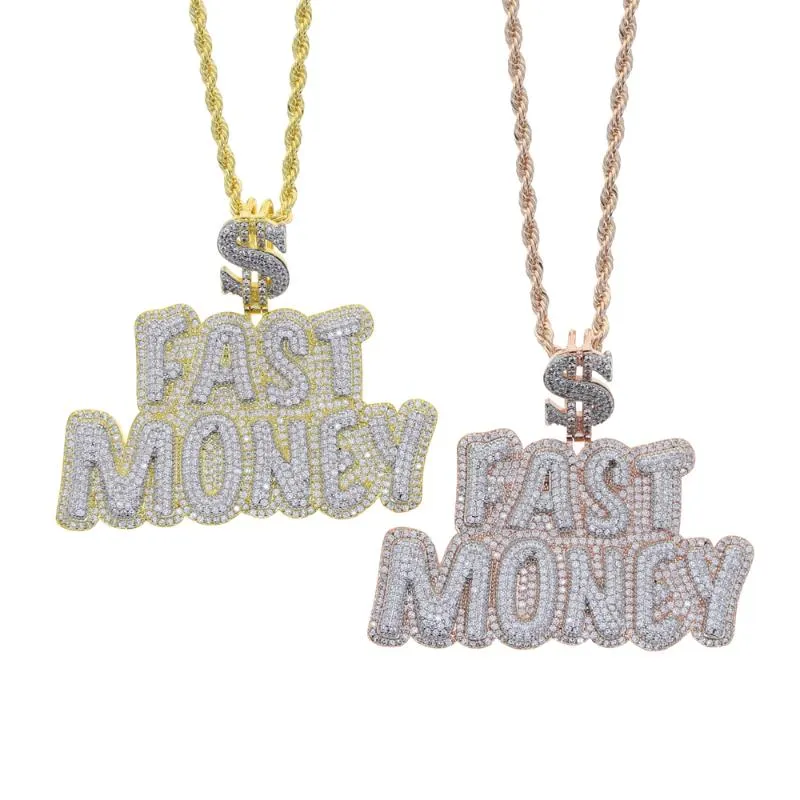 Chains Iced Out Bling 5A Zircon Cz Fast Money Pendant Necklace Hip Hop Color Gold Plated Tennis Rope Chain Men Boy JewelryChain286b