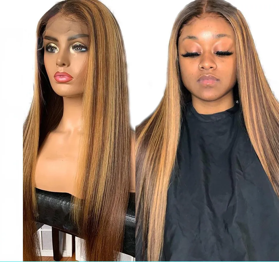Human Hair wigs 16Inch 150%Density Brown Long Straight Glueless Lace Front Wigs For Black Women Daily Wear Wig