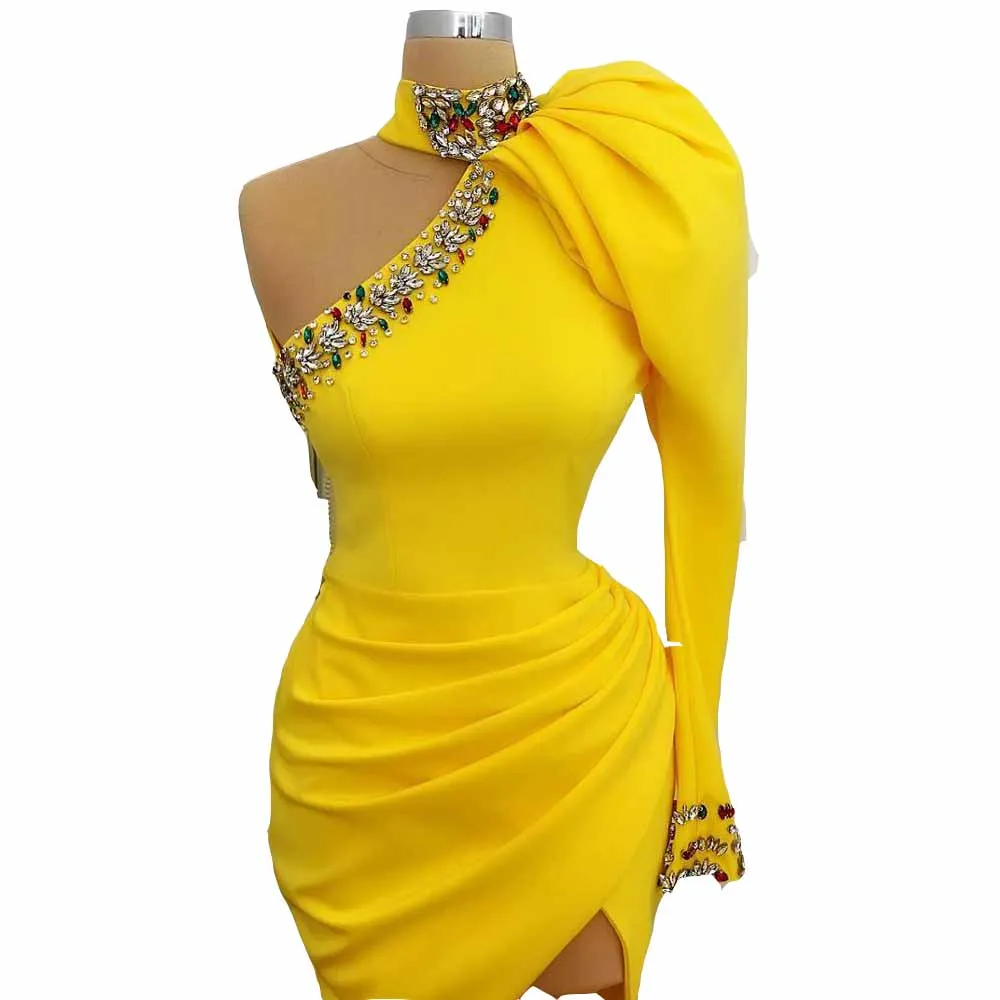 2022 Yellow White Long Sleeve Satin Cocktail Dresses High Neck One Shoulder Crystal Slit Party Sheath Vestidos de Gala Formell Prom307G