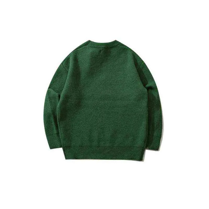 2021 Preppy Style Letter Jacquard Vintage Men Green Knaked trui Hip Hop Loose Women Pullover Koreaanse kleding voor tieners Sueter T220730