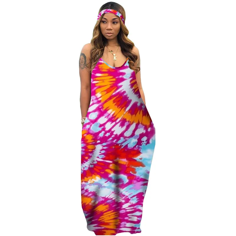 CM.YAYA Women Tie Dye Black Hole With Headscarf Long Maxi Dress Spaghetti Strap Loose Beach Female Elegant Dresses Vestidos 220516