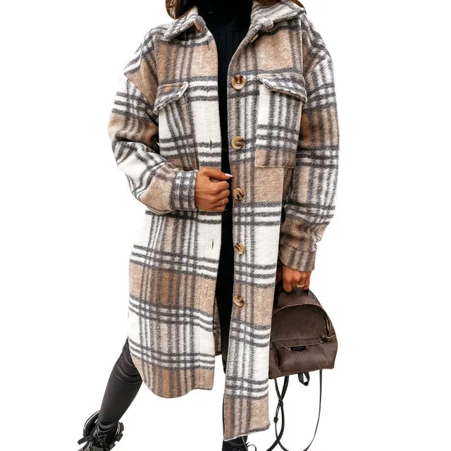 Spring Plaid Long Blouses Coat Women Casual Vintage Shirt Jacket Female Woolen Blends Printed Overcoat Streetwear 220815