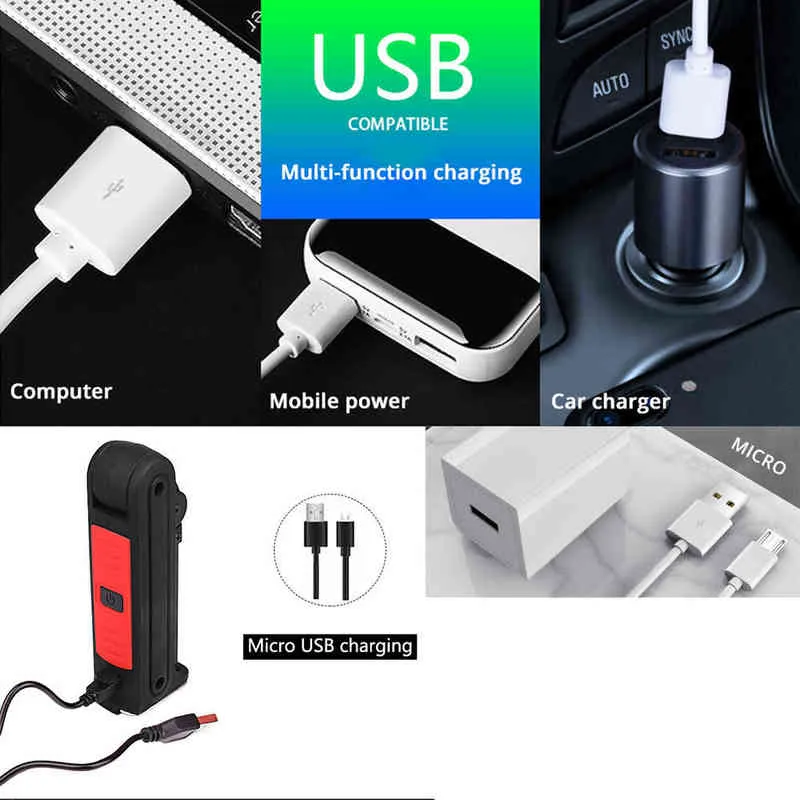 USB -uppladdningsbar COB LED -ficklampa Arbetsljus Inspektion Ljus 4 Moder Svansmagnet Design Hängande fackla Lampvattentät J2207133022
