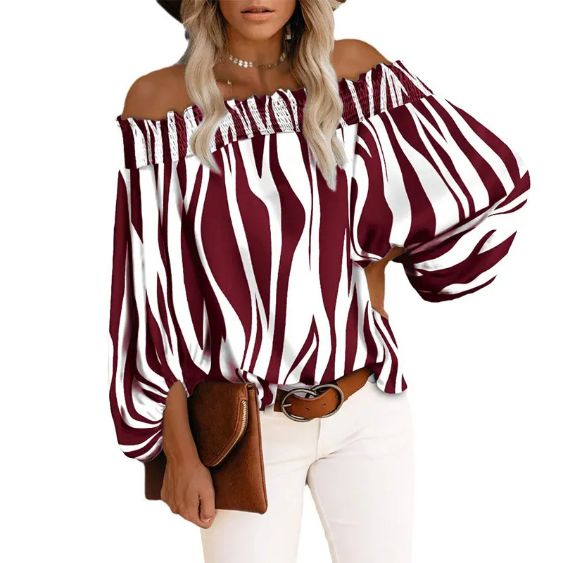 Sexy Off Shoulder Stripe Print Chiffon Shirt Women Fashion One Neck Lantern Long Sleeve Pullover Tops Street Vintage Lady Blouse 220511