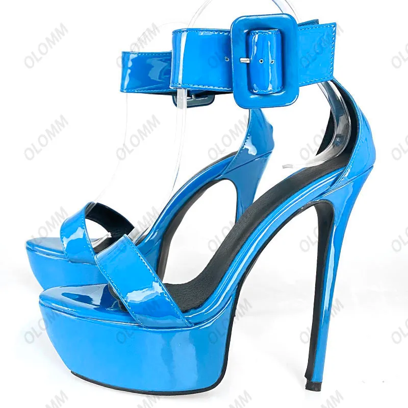 Olomm Handmade Women Platform Sandals Glossy Stiletto High Heels Open Toe Gorgeous Red Blue Party Shoes Ladies US Plus Size 5-20