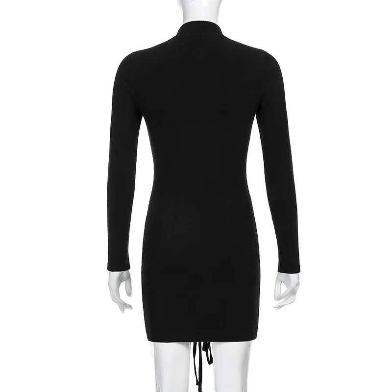 HEYounGIRL Tie Up Bandage Black Bodycon Dress Autumn Basic Long Sleeve Knitted Mini Dresses Ladies Skinny Casual Winter Fashion 220316