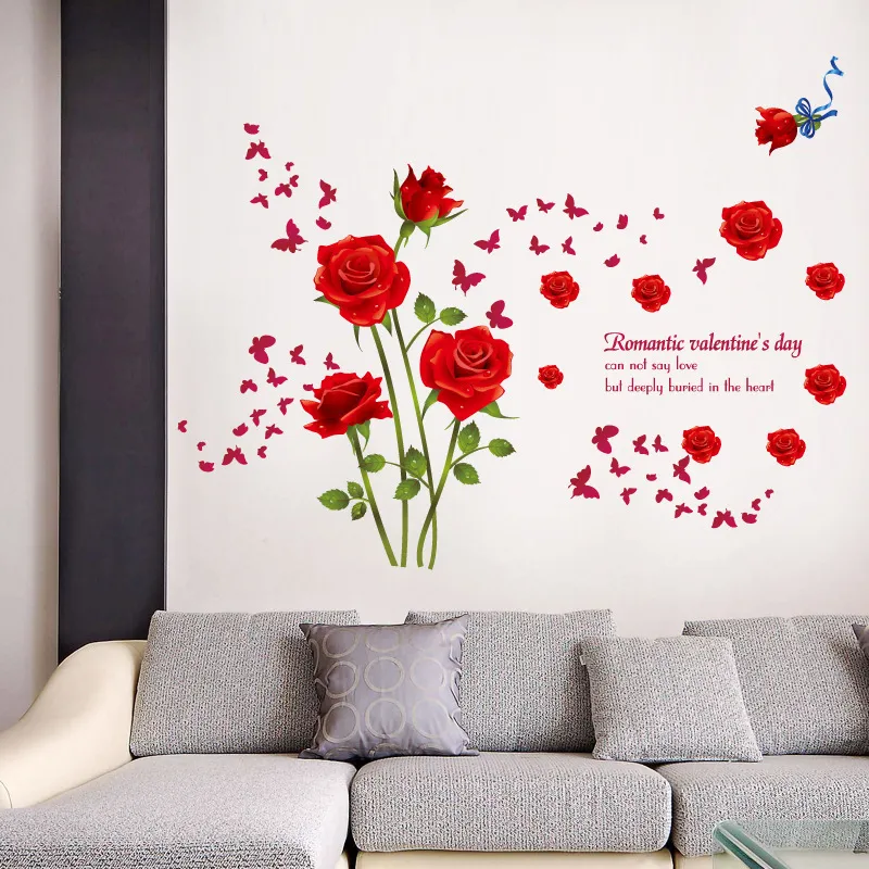 Schmetterling rote Rose Blumen Wandaufkleber Wohnkulturabziehbilder Vinyl 3d Tapete Romantische Mädchen Hochzeitszimmer Wohnzimmer Dekoration