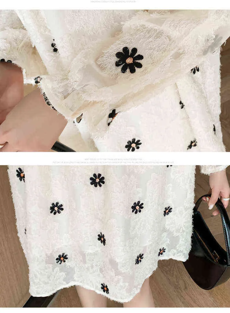 Las mujeres embarazadas del estilo coreano visten la cinta TurnDown Collar de manga larga de maternidad floral gasa vestido formal de oficina ropa de dama J220628