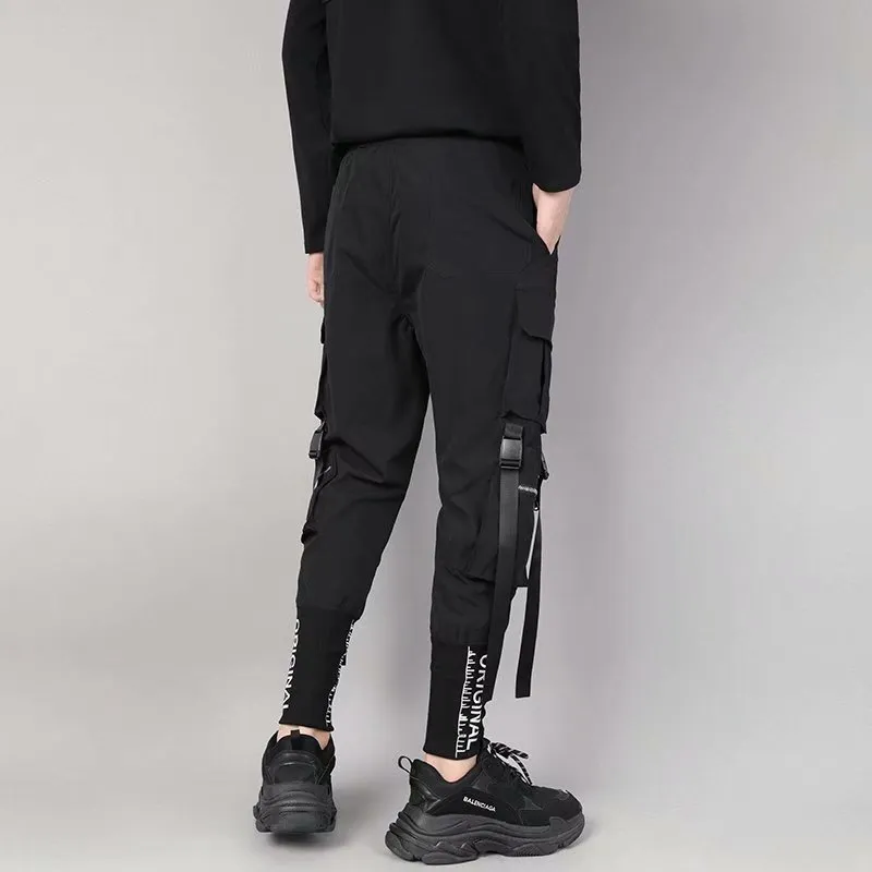 Şık Japon Moda Harajuku Hip Hop Sokak Giyim Kargo Pantolon Erkekler İçin Şerit Cepleri Joggers Techwear Erkek Pantolon 220705