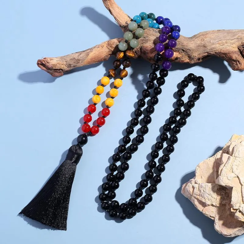 Ожерелья с подвесками Showboho 108 бусины мала 7 чакр ожерелье 8 мм черный оникс с узлами для медитации, йоги, молитвы, четки для мужчин и женщин207H