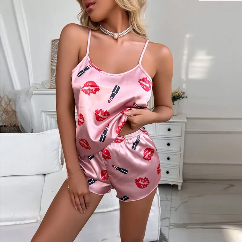 Conjuntos de pijama sexy para mujer Patrón de dibujos animados Pijamas Correa Sin mangas Cami Conjunto Ropa de dormir Mujer Verano Pijamas Ropa de noche Traje de casa 220527