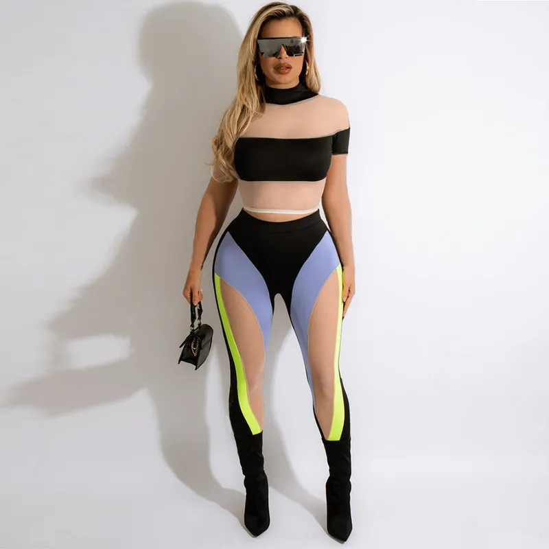Цветовой блок прозрачный сетчатый спортивный костюм женщин сексуально просмотр через пэчворк с коротким рукавом клуб с плитом леггинсы.