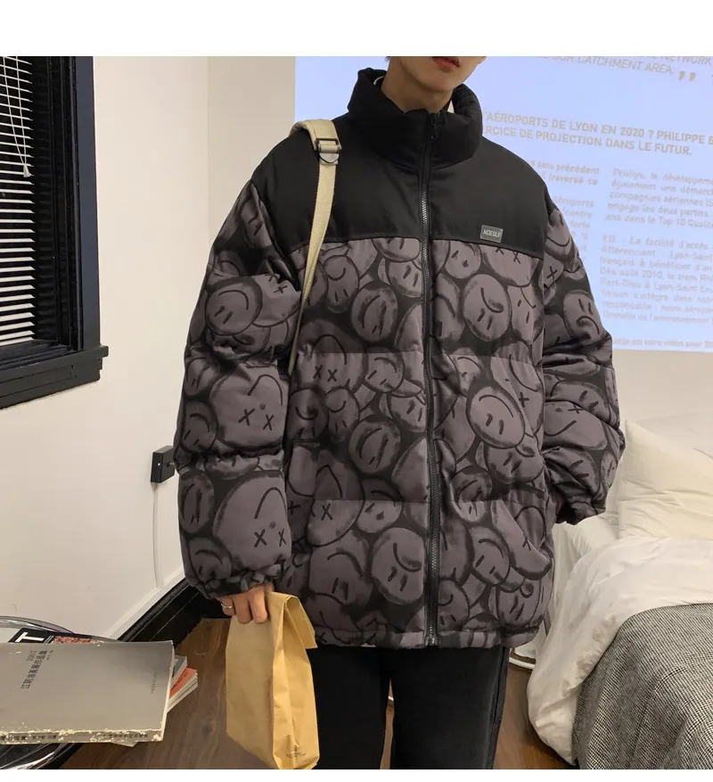 남자 일본어 스트리트웨어 병복 다운 자켓 겨울 남성 풀 프린트 패션 버블 코트 부부 패치 워크 두꺼운 파카