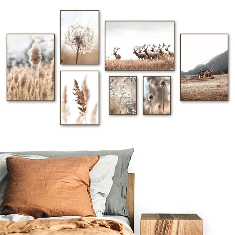 Beige Reed Dandelion Grass Cow Natural Wall Art Canvas schilderen Noordse posters en printfoto's voor woonkamer decor 220716