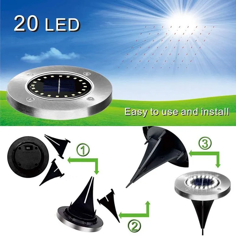 20LED Solar Power Disk Light Outdoor Garden Underground Deck Spotlight Buried Led Lamp Decoration 220429