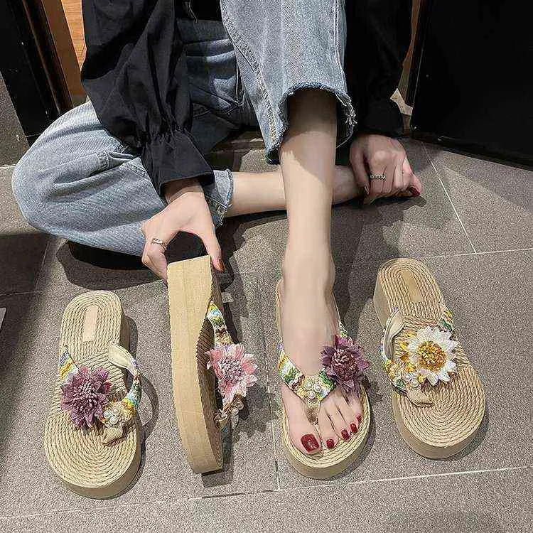 Zomer dames slippers 2022 nieuwe hennep touw mode sandalen bloem flip-flops strand casual hoge hakken slippers slipper vrouwen y220412