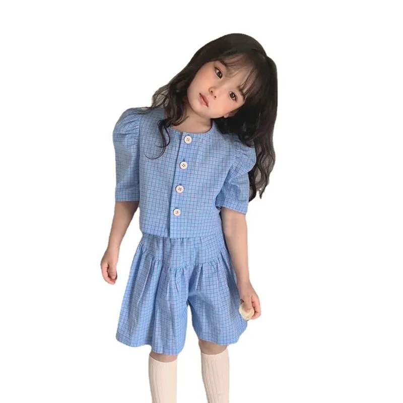 As roupas femininas de verão definem temperamento camisa xadrez xadrez de mangas curtas CULOTTES de cinco pontos bebês crianças roupas roupas 220509