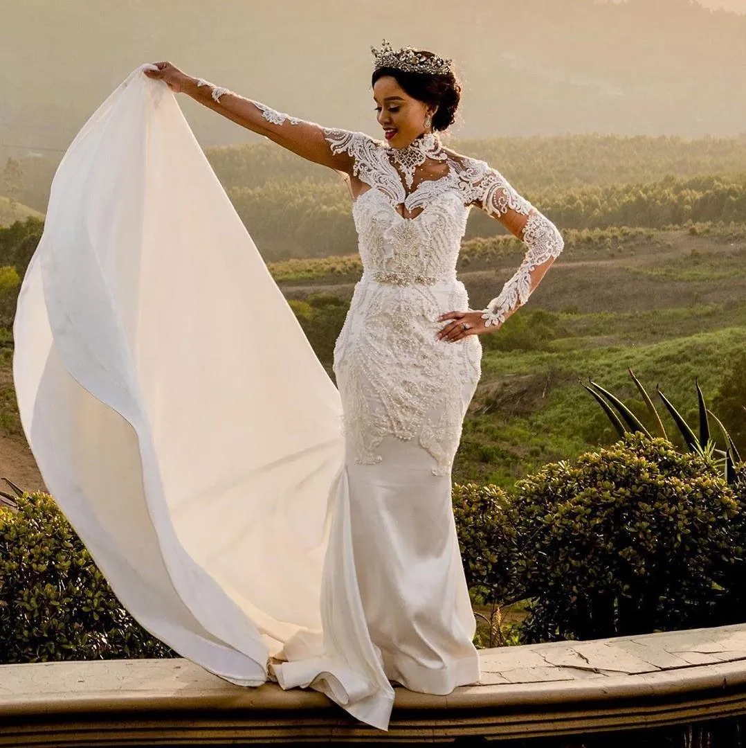 2022 Árabe Aso Ebi Luxuoso Sereia Frisado Vestido de Noiva de Longo Sleeves Pérolas Pérolas Nupcial Vestido Vestidos de Mariage C0411