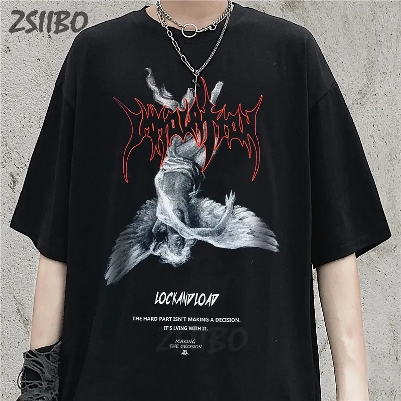 Harajuku Art Fallen Angel Oversize Heren T-shirt Zomer Cool Unisex Hip Hop Grappig Gedrukt T-shirt Casual T-shirt streetwear Tops 220618