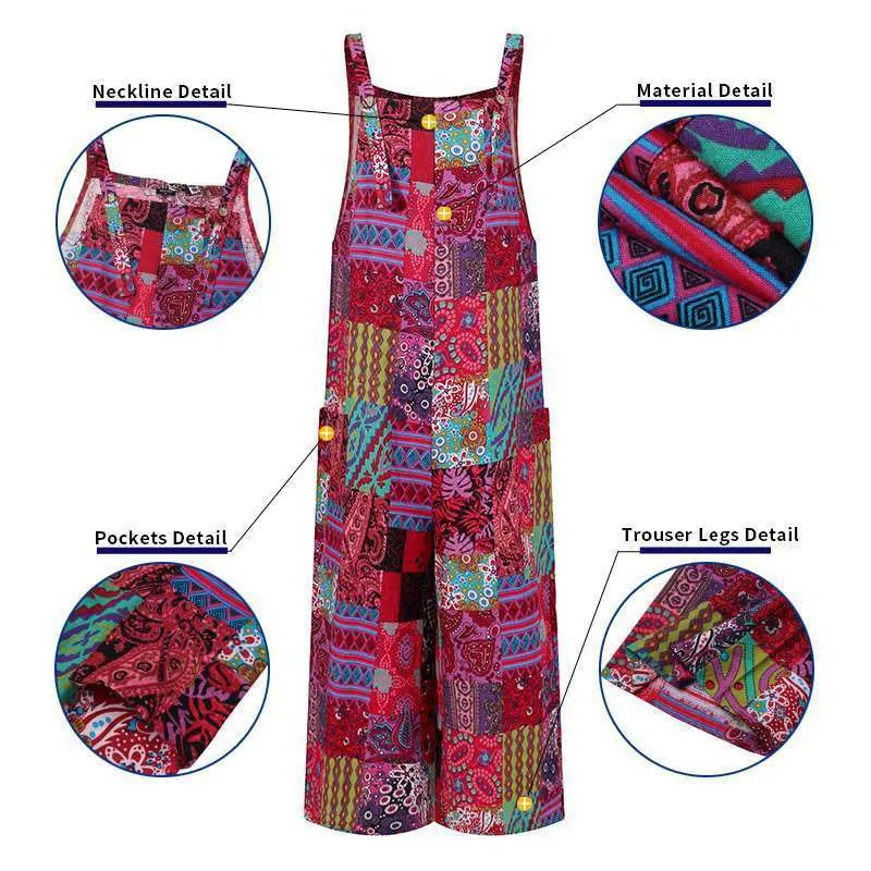 Vonda Loose Rompers Women Sexig ärmlös Casual Wide Leg Jumpsuits Vintage Printed Beach Overalls Femme Pants 220714