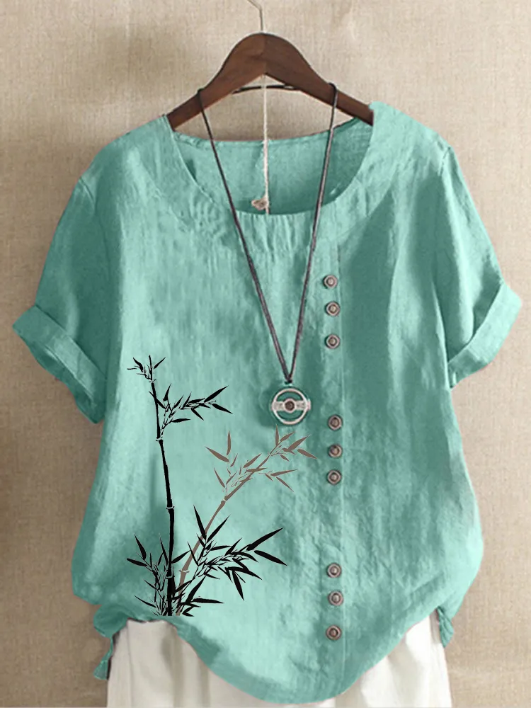 Kvinnor Summer Casual Bamboo Print Loose Tshirts Vintage Round Neck Plus Size Size Sleeve Blus Tops S5XL 220615