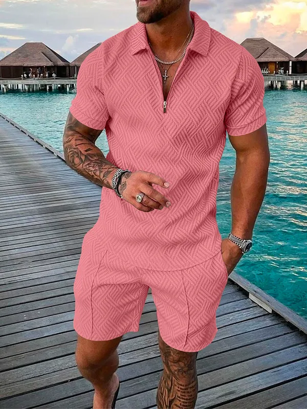 Träningsdräkt för män Bomull Enfärgad kortärmad dragkedja Pikétröja Shorts Set för män Casual Streetwear 2-delad kostym sommar 220615