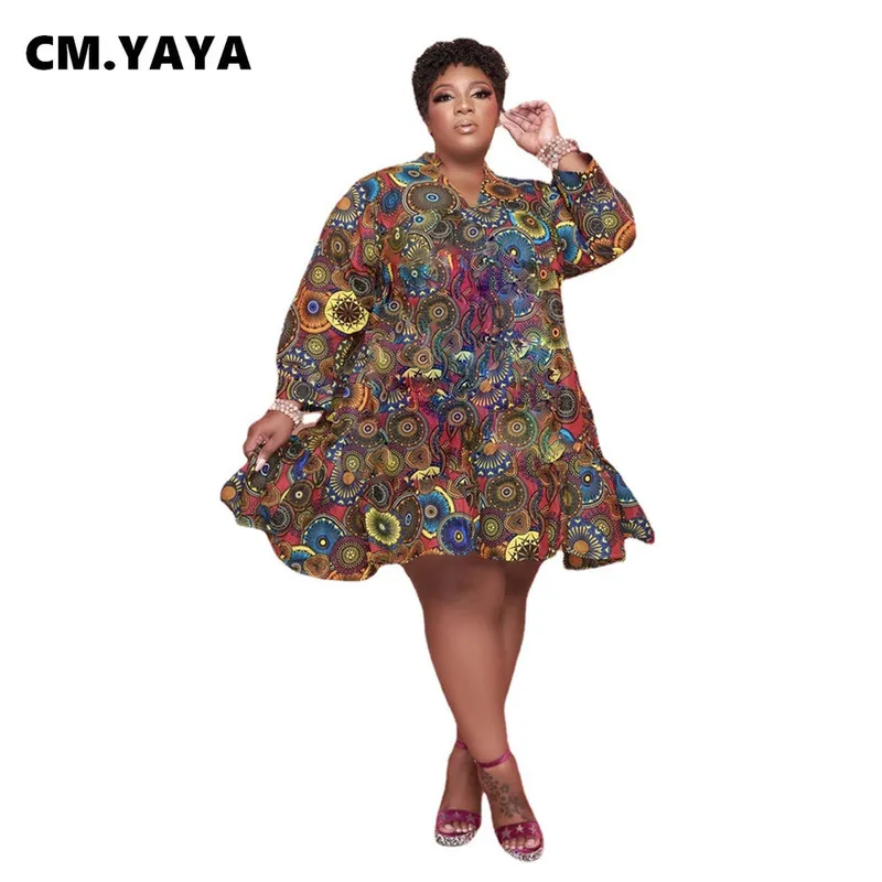 CM Yaya Femmes Plus taille Robe Impression Full Sleeve O-cou Longueur du genou robes maxi vestiges sexy Vestide