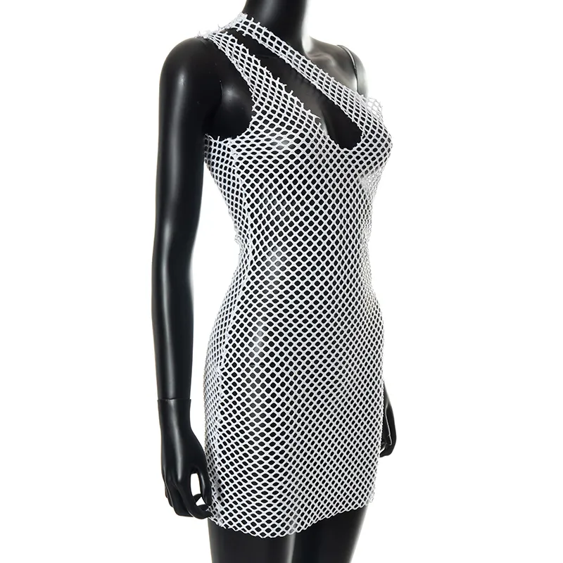 Siatka nachylona mini mini sukienka Kobiety Sexy Fishnet Wygląda przez bez rękawów bez pleców odzież klubową bez majtek 220507