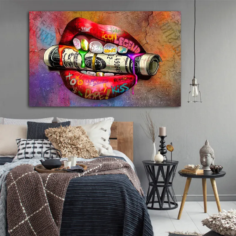 Graffiti Bocca Astratta Soldi Street Art Tela Pittura Wall Art Immagini Soggiorno Poster E Stampe Modern Home Decor