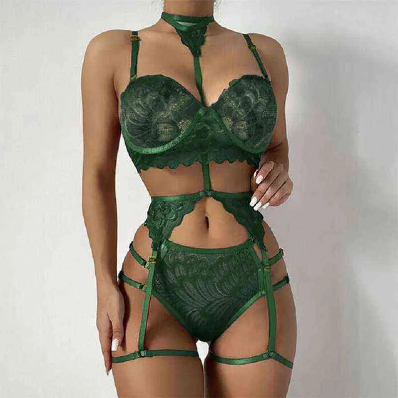 2021 Women Lingerie Set Sexy Lace Mesh Hollow Out Open Push Up Bra And Panties Two Piece Suit Erotic Underwear L220727