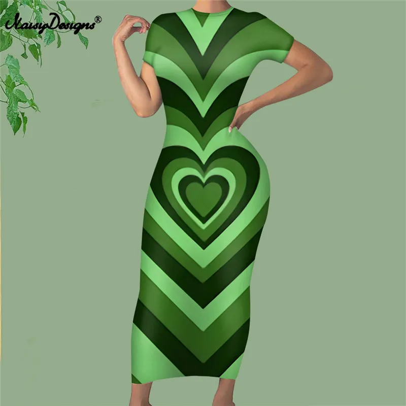 Noisydesigns Cuore Verde Cerchio Stampe Donna Estate Eleganti Abiti Vintage Ufficio Donna Signora Lungo Vestito Estivo Abiti 4XL 220627