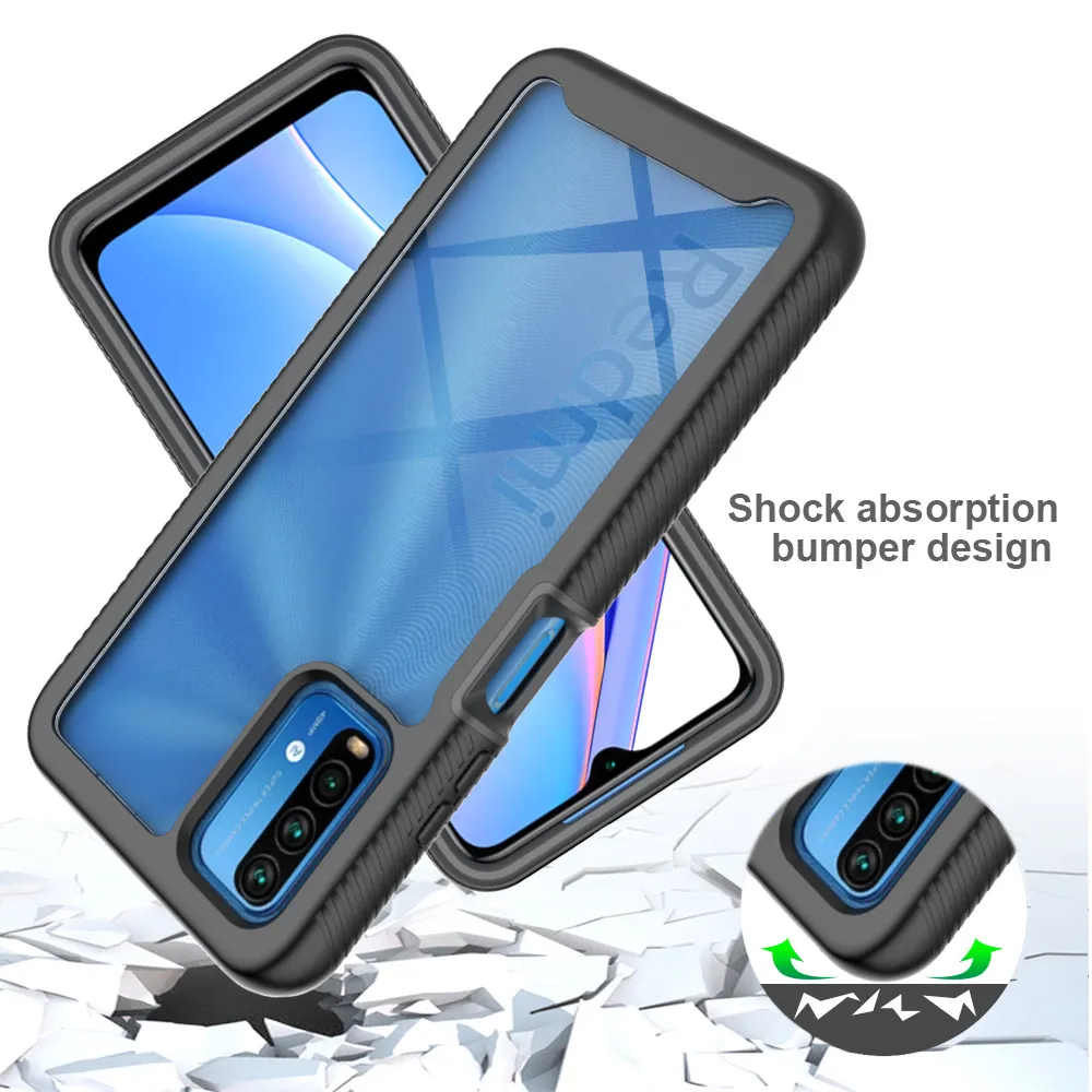 2 in 1 Hybrid Rugged Shockproof Armor Cases for Xiaomi Poco M3 Redmi 9T 9 Power Soft TPU Transparent Acrylic Frame PC Back Cover