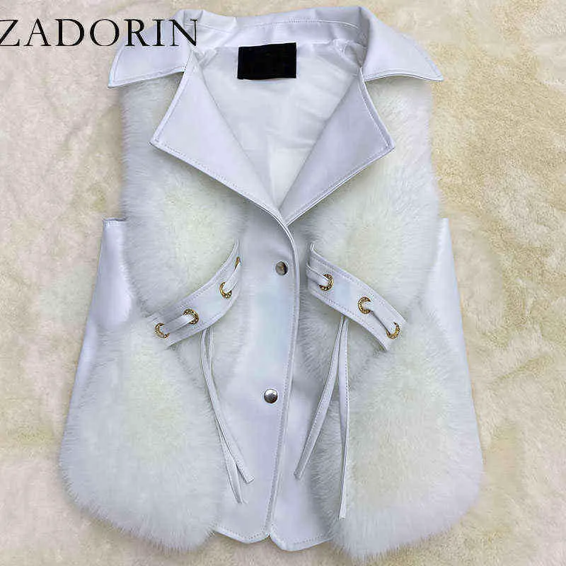 ZADORIN New Luxury Faux Fur Vest Women Turn Down Collar Faux Leather Patchwork Ritagliata Cappotto in pelliccia sintetica Rosa Giacca bianca T220716