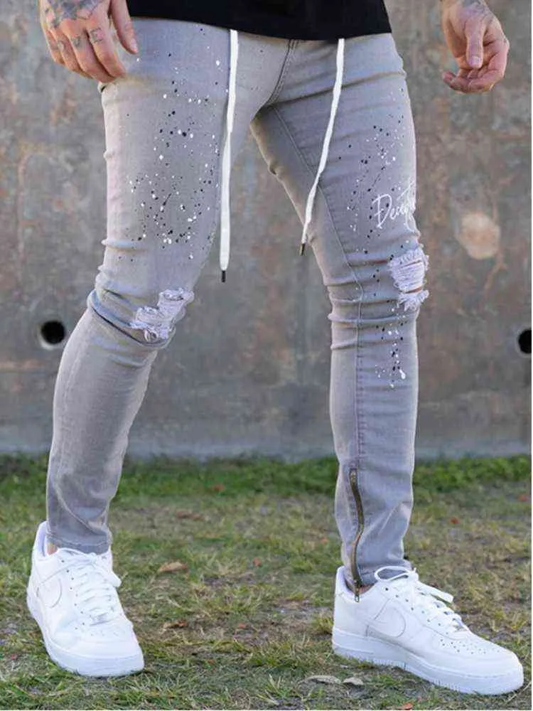 Men's Jeans Skinny Destroyed Ripped Broken Punk Pants Homme Hip Hop JeansFashion Streetwear Vintage Blue Gray White Color G0104