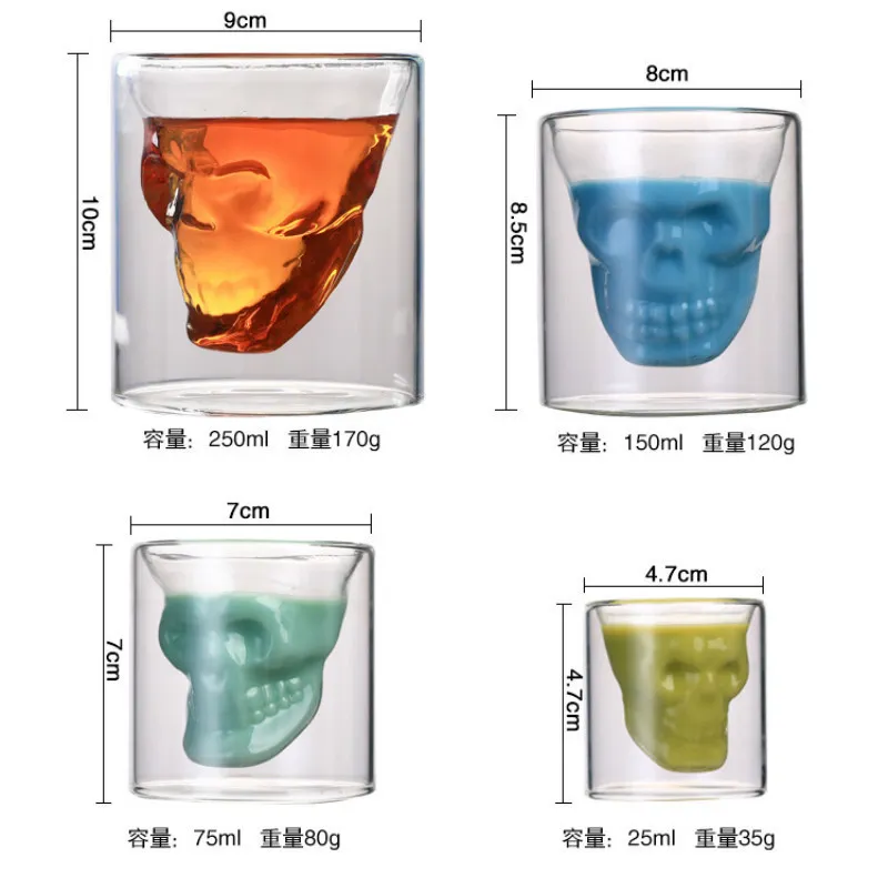 Dublelayered Transparent Skull Head Gead Mub Crystal Glass Cup do domu w Whisky wód wódki i piwo 220714