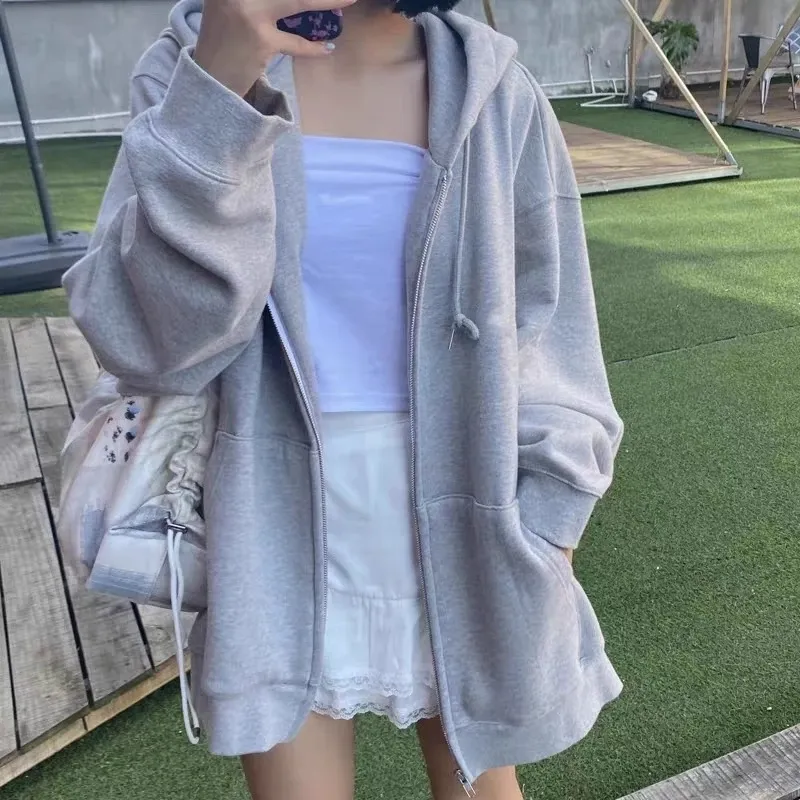 Kvinnors hoodies tröjor kvinnor harajuku koreansk version zip up löst överdimensionerad avslappnad fast färg långärmad huvtröja rockar 220830