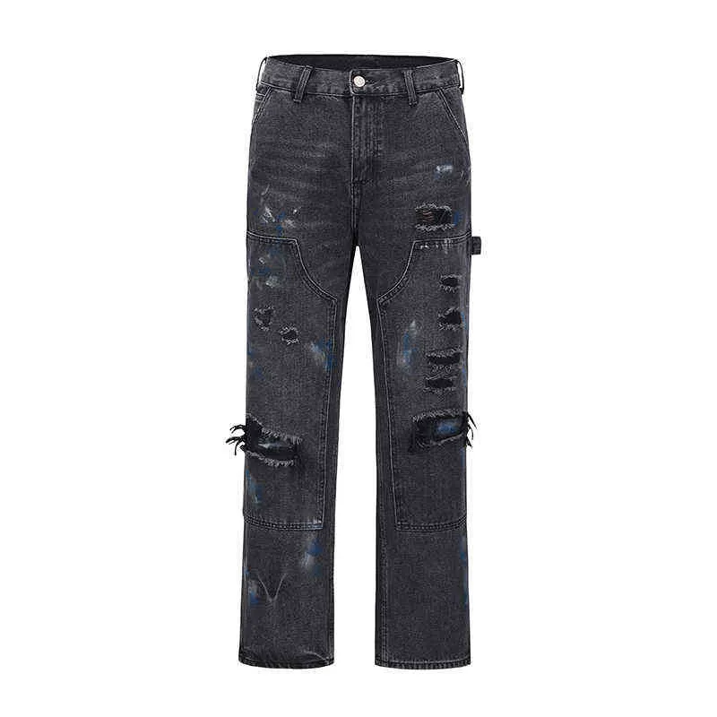 Zerwane w trudnej sytuacji Dziure strzępione odzież uliczna dżinsowe spodnie retro harajuku malowany atrament splash prosto w lupgy swobodne dżinsy spodnie T220803