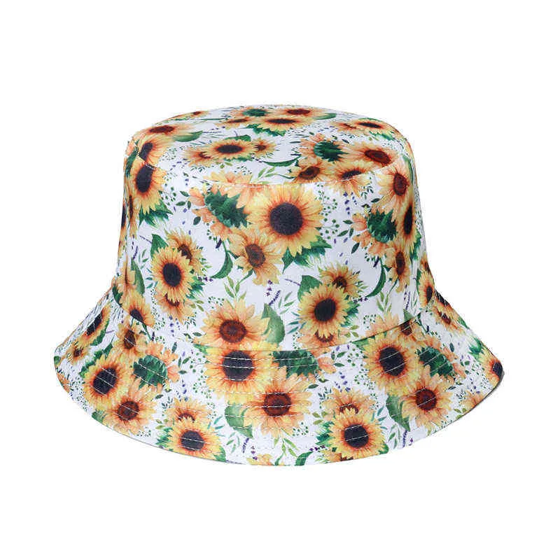 Fashion Women Sunflower Print Cotton Bucket Hats Spring Summer Girl Lady Outdoor Panama Fisherman Cap Hat For Women DropShipping G220418