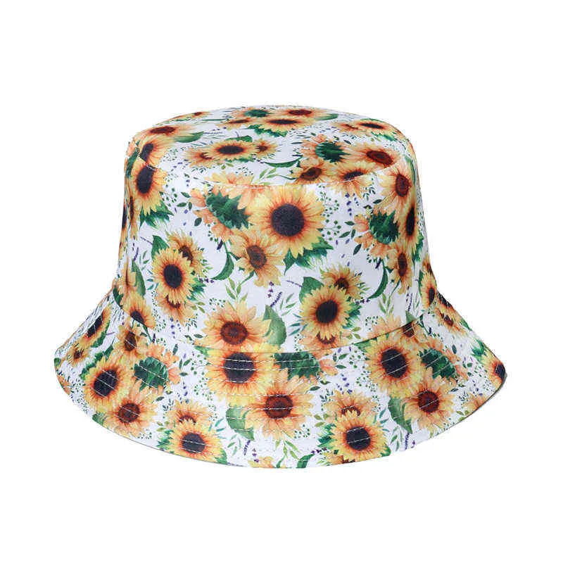Mode vrouwen zonnebloem print katoen emmer hoeden lente zomer meisje dame outdoor panama visser cap hoed voor vrouwen dropshipping G220418