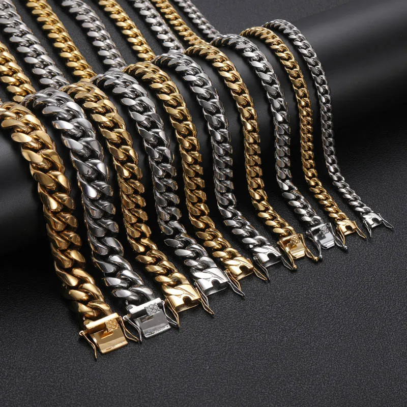 316L Stainless Steel Cuban Link Chain Necklaces Bracelets Hiphoop High Polished 18K Gold Plated Cast Jewelry Sets Choker Chains Me259v