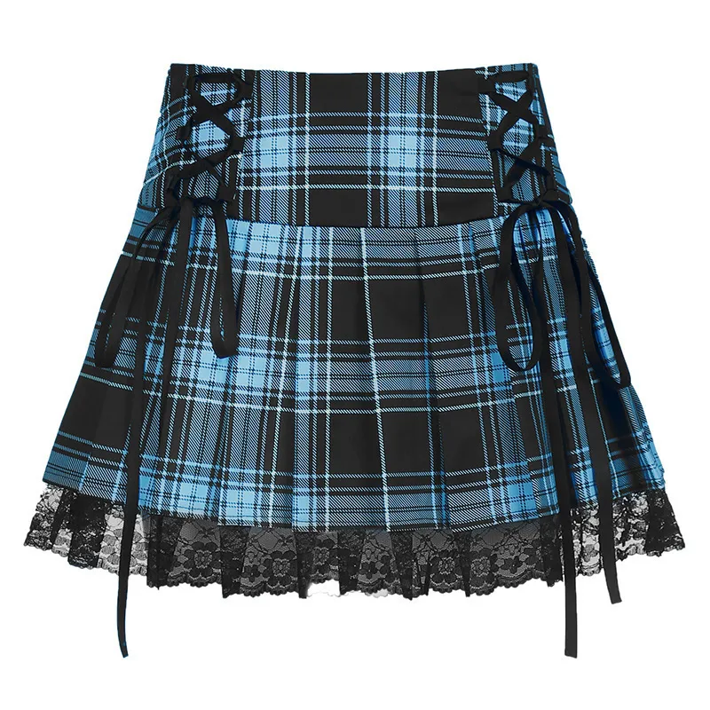Lace Up Goth Y2K Woman Skirts Pink Stripe Plaid Lace Trim Pleated School Skirt Punk Dark Academia Aesthetic E Girl Clothes 220325