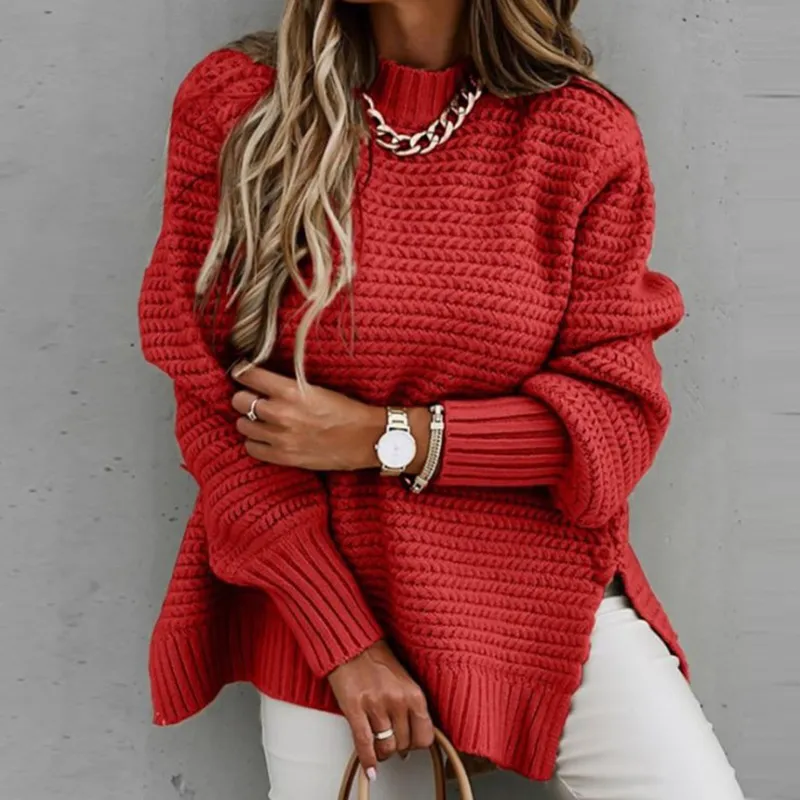 여성 스웨터 가을 겨울 캐주얼 한 단색 긴 랜턴 슬리브 풀 오버 여성 패션 사이드 슬릿 느슨한 니트 스웨터 220809