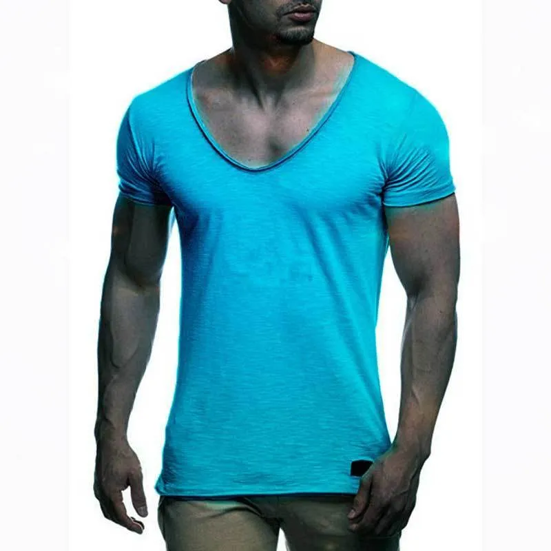 도착 딥 V 목 짧은 슬리브 남자 티셔츠 슬림 핏 셔츠 남자 얇은 탑 티 캐주얼 여름 Tshirt camisetas hombre my070 220607
