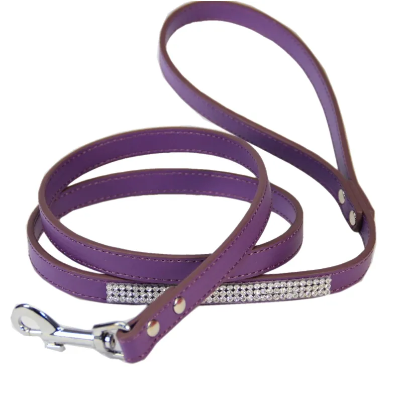 Fashion Diamante Pu Leather Dog Leash Bling Rhinestones Collar Pet Walking Leads Small Pet Puppy Dog Supplies Purple Pink 06225147810