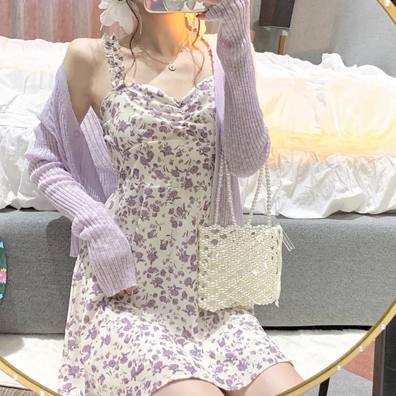 Robes femme été fête sans manches Y2k fronde sexy décontracté esthétique imprimé floral midi taille haute Harajuku vêtements féminins 220513