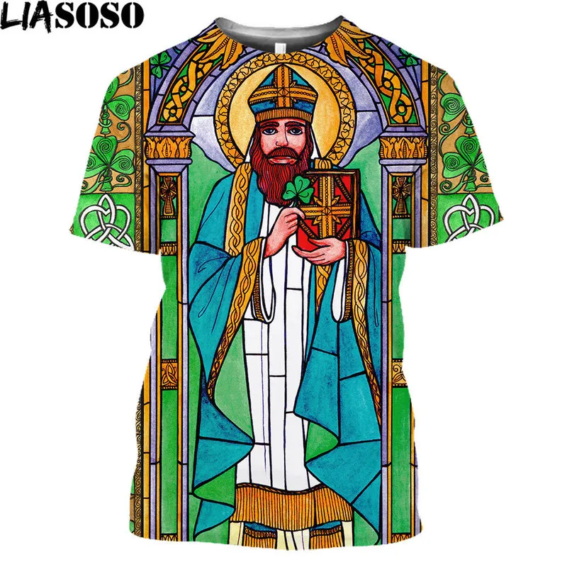 リソソ宗教聖パトリックとシャムロックと伝統的なハープTシャツ3DファッションTシャツ快適な男性用女性服2206​​22