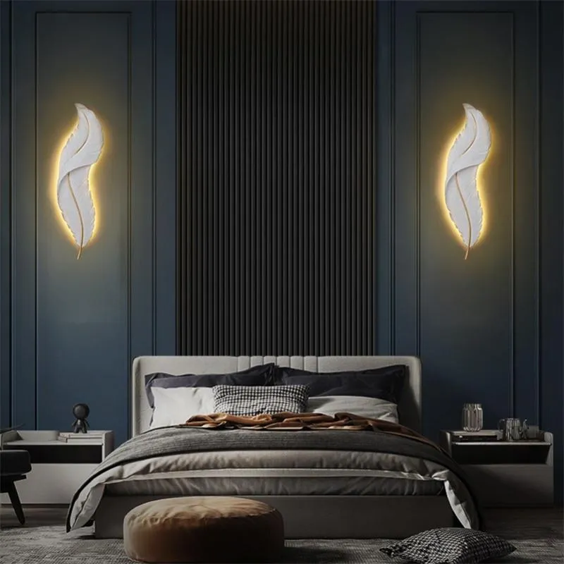 Lampy ścienne nordyc nowoczesne kreatywne piórki światło LED sypialnia sypialnia nocna oświetlenie salon telewizja tło dekoracja żywica 242O
