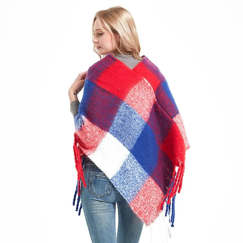スカーフデザイナーの女性冬の格子縞のポンチョスクエアパシュミナバンダナカシミア厚い毛布ニット温かい柔らかいショールとラップスカル259i